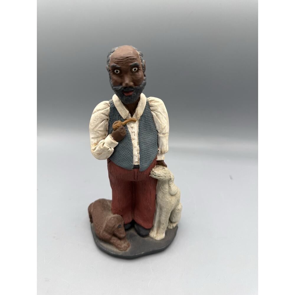 Folk Art Man w Pipe & Dogs Figurine Americana Resin 7”